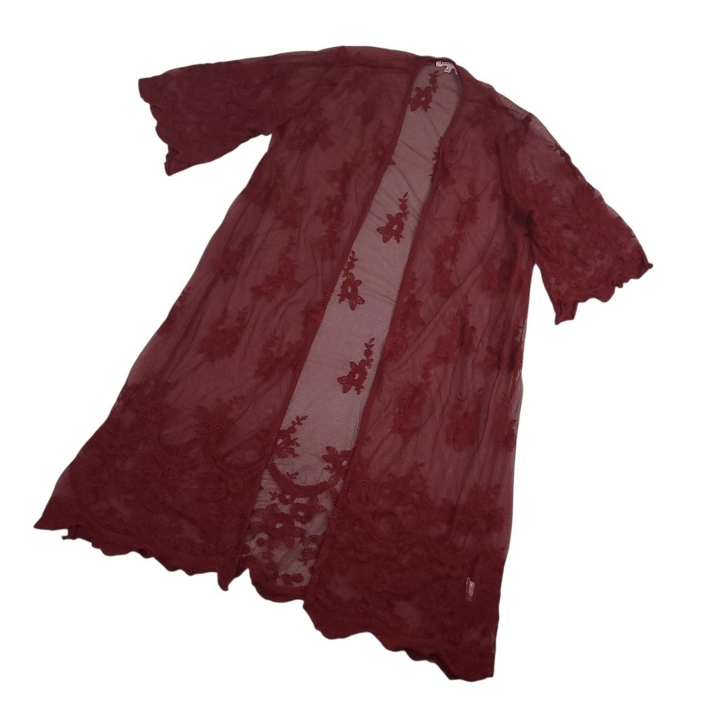 Pink Peony Womens Sheer Lace Kimono Duster Large Open Front Maroon Boho Romantic